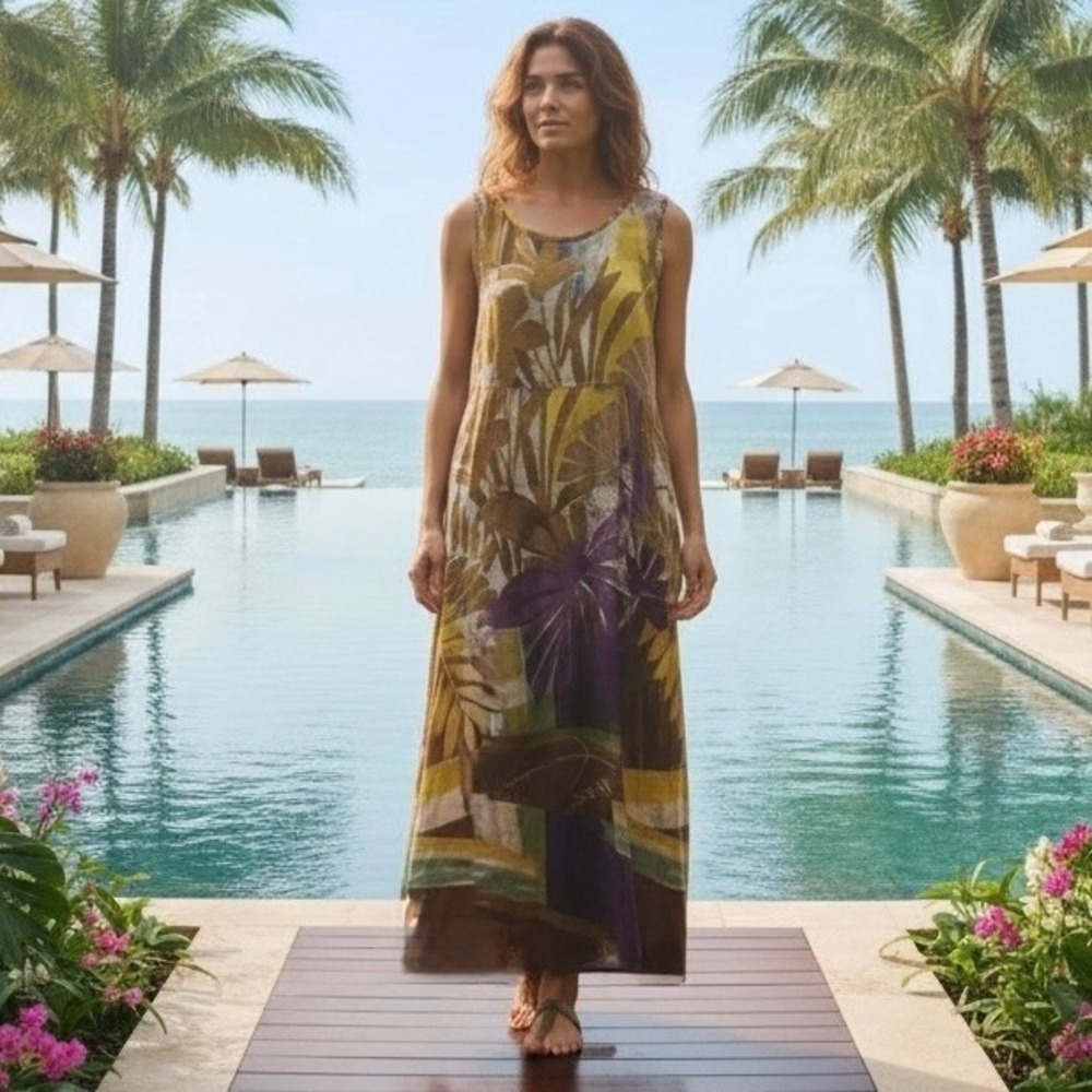 Jams World Womens Janice Floral Print Hawaiian Midi Dress Size Medium Sleeveless